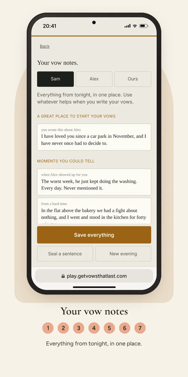 The game: your vow notes at the end of the evening
